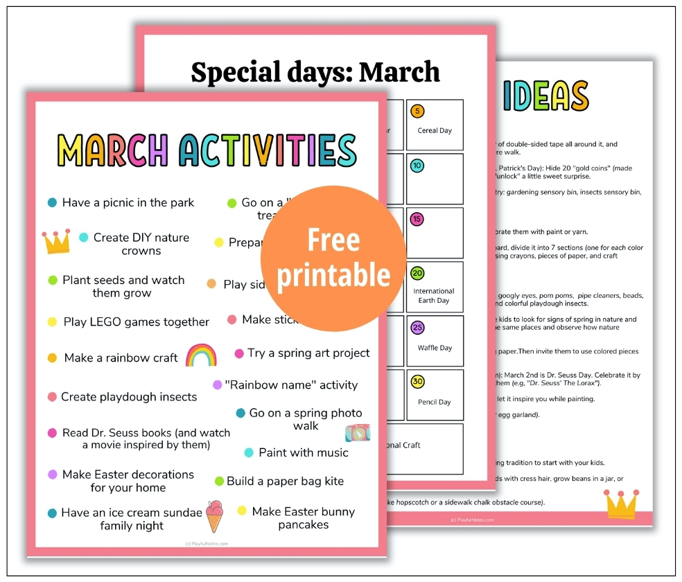 March activities for kids printable activity list